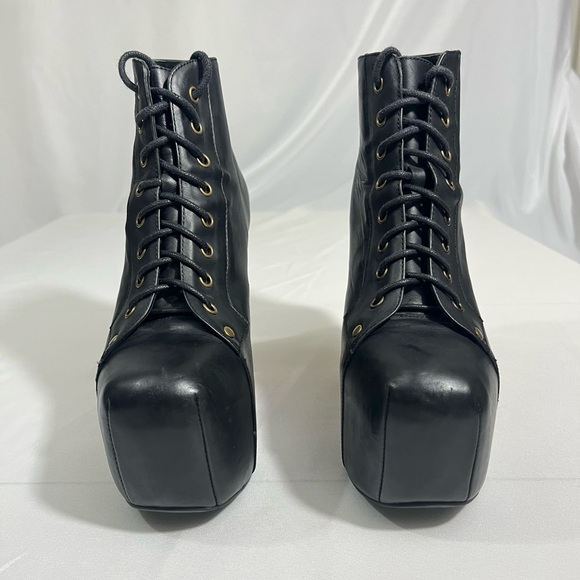 Jeffrey Campbell Lita Ankle Boots Black Leather Wooden Heel Lace-up Women’s 8 - Picture 3 of 13
